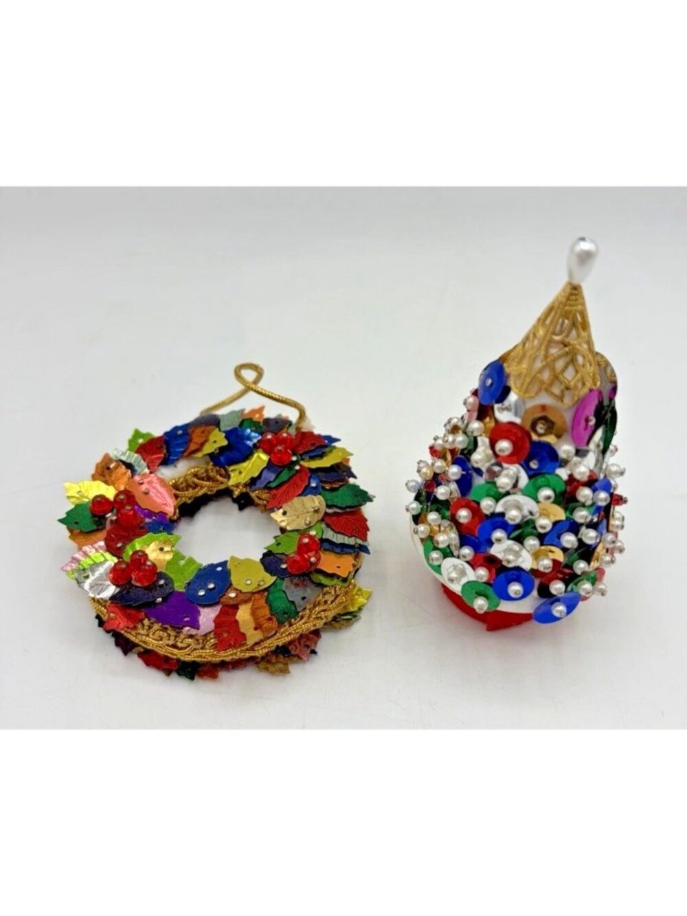LOT OF 2 Vintage Sequin Beaded Push Pin Christmas Ornaments Wreath Tree Retro